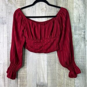 Burgundy Red Size Small Off The Shoulder Crop Top With 3/4 Sleeves Side Zip